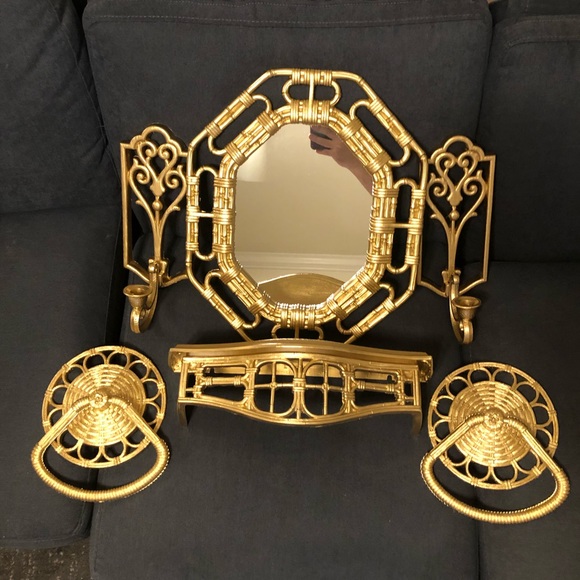 Vintage Other - Vintage Homco Hollywood regency gold mirror, shelf, sconces, and towel holders